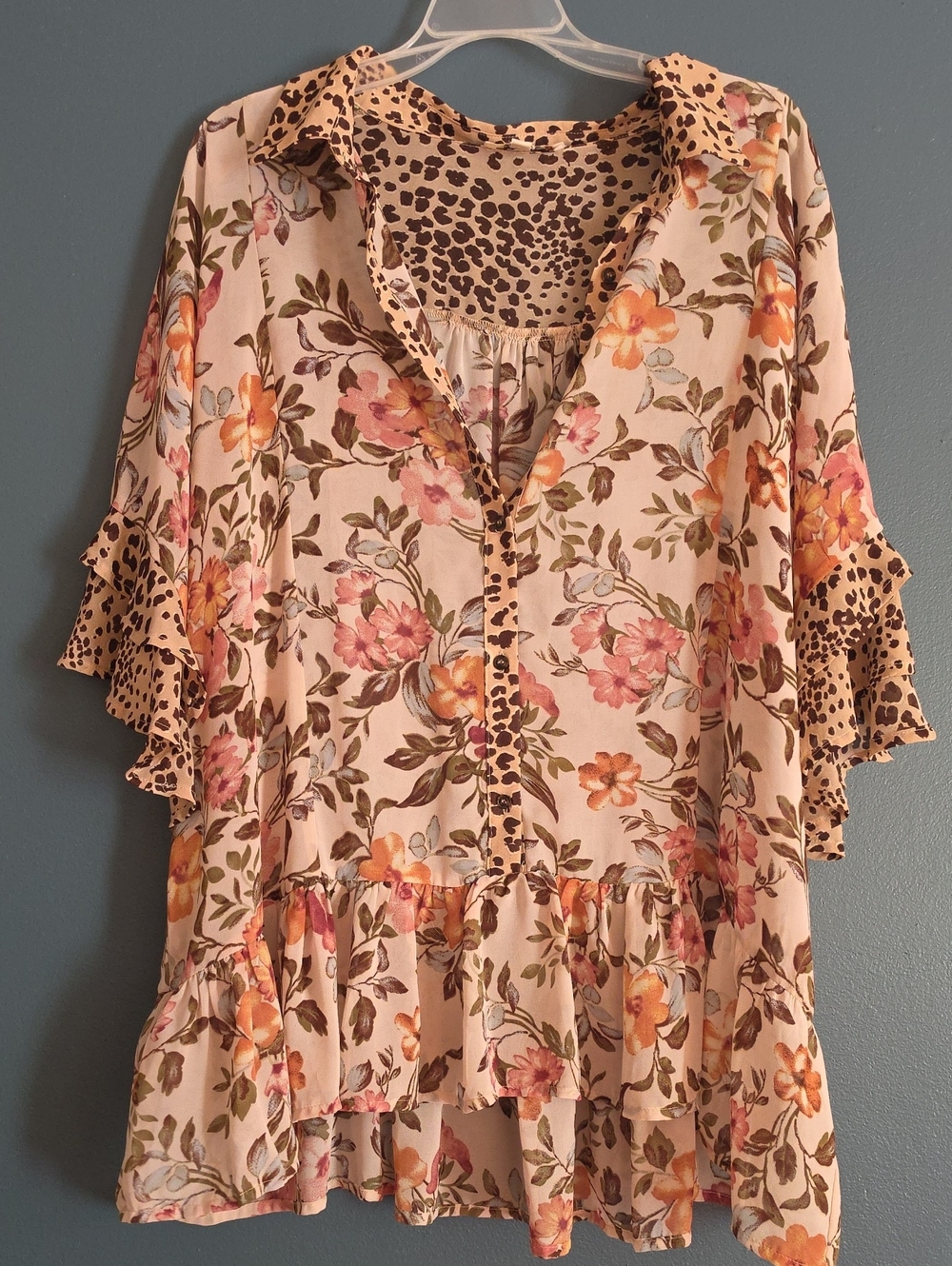 Umgee Cream Floral Tunic with Leopard-Trim